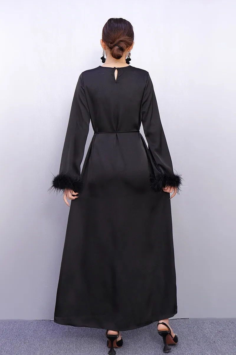 2025 Winter Elegante Lose Satin Feder Hülse Lange Kleider Frauen Casual Kleid Großhandel J2132