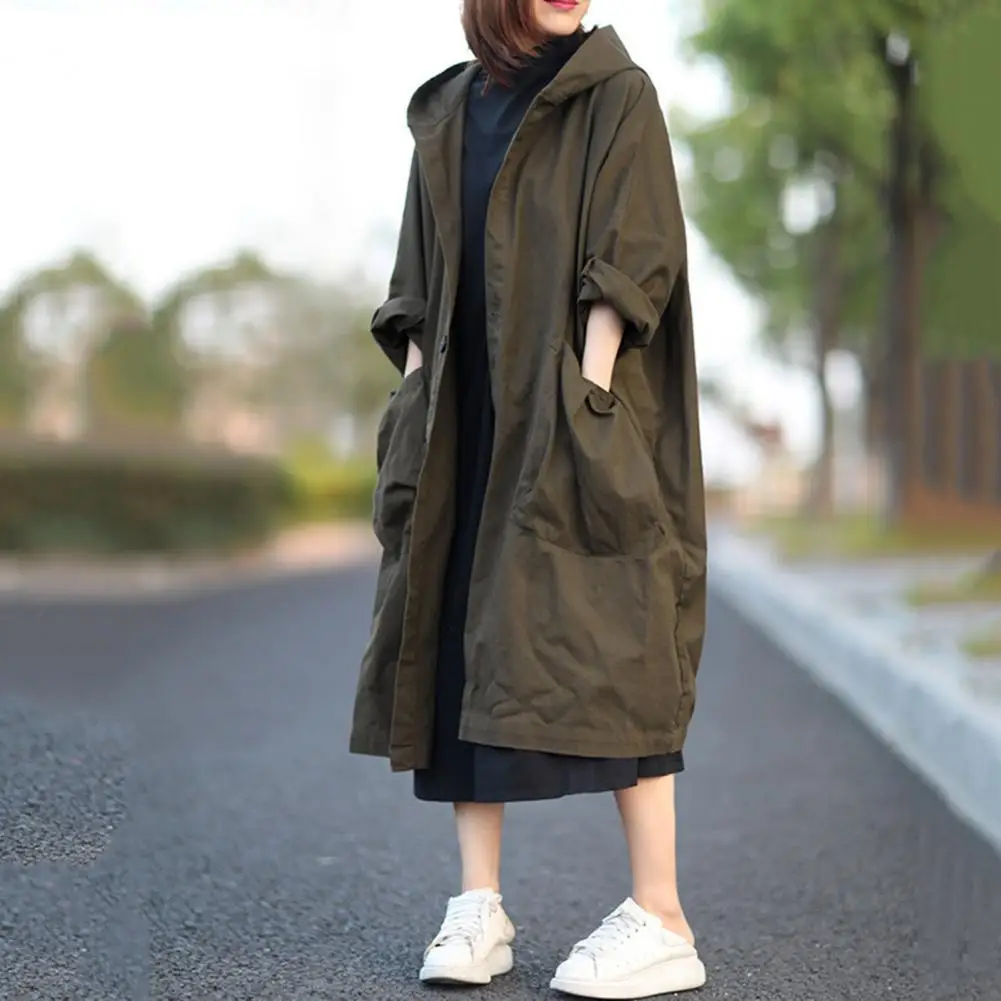 Multi-button Placket Jacket Stylish Hooded Women's Overcoat with Drawstring Large Pockets for Fall Spring Long Sleeves for Daily