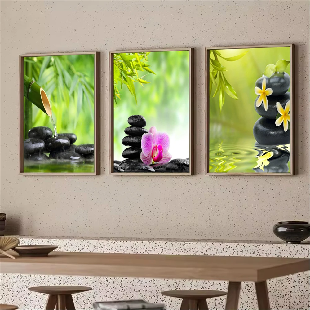 Green Bamboo Water Flower Zen Posters Canvas Painting Black Stone Buddhist Wall Art Print Picture Modern Living Room Decoration