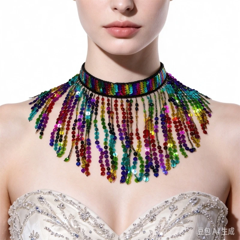 DXAE Belly Dance Choker Sequins Tassels Fringe Choker Necklace Belly Dance Jewelry