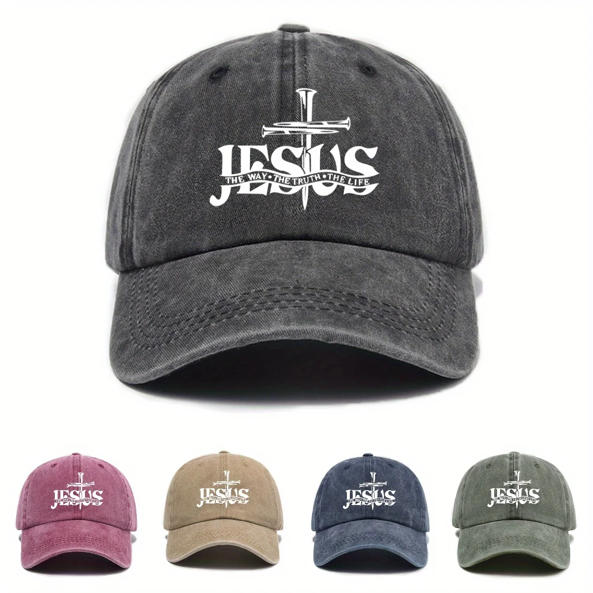 Vintage-Style Washed Baseball Cap with Jesus Embroidery - Adjustable, Sun-Protective Polyester Dad Hat in Multiple Colors