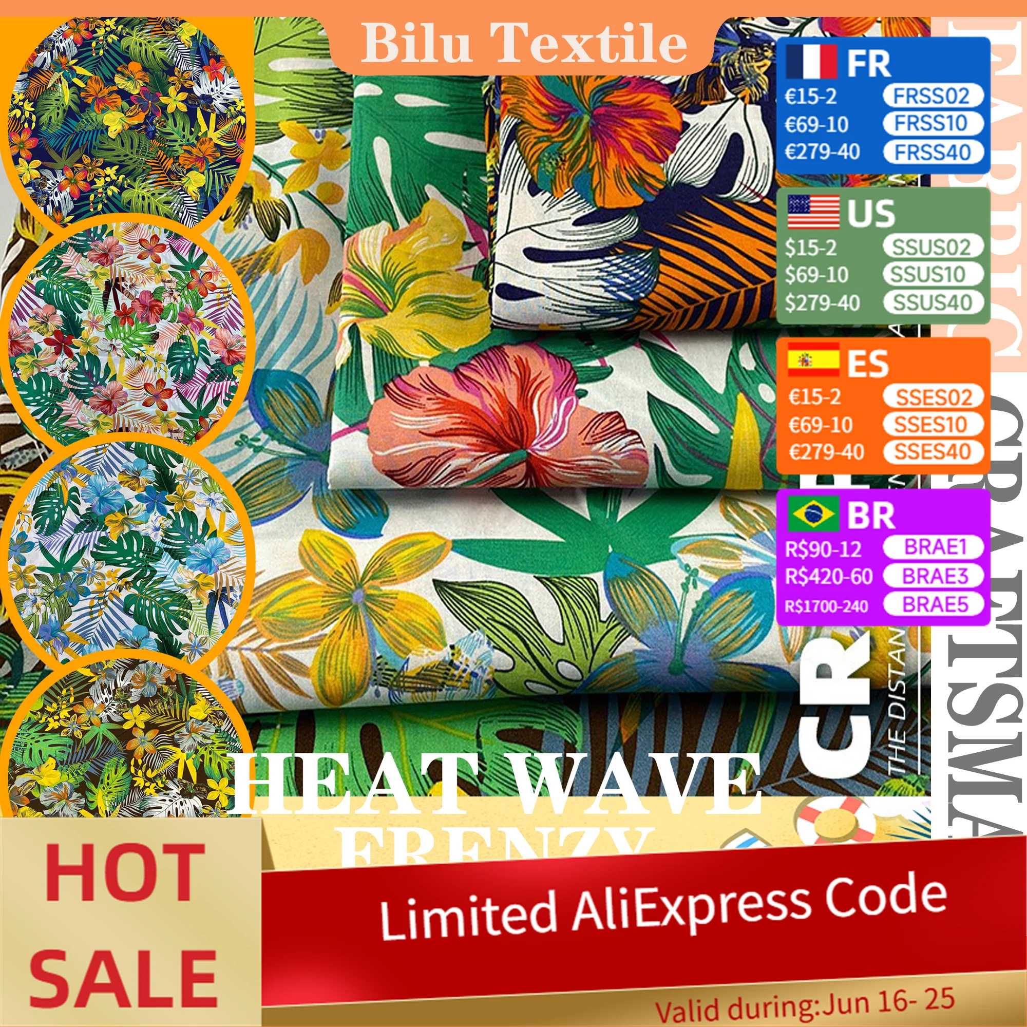 

0.5M/1M/5M/10M Tropical Print Cotton Poplin - 100% Cotton Beachwear Fabric for DIY Sewing (by Meter)