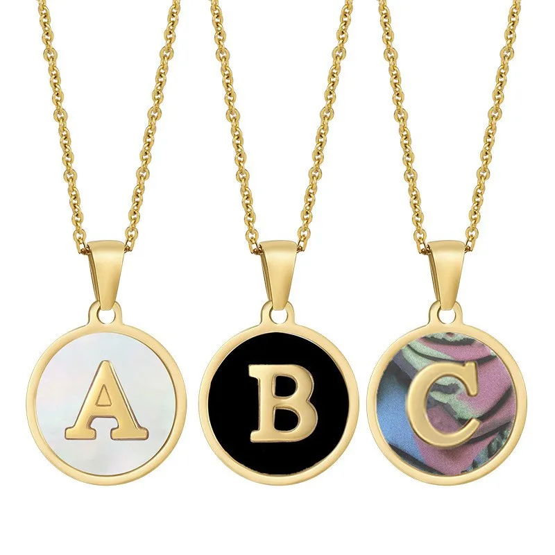 Tarnish Free Stainless Steel 18k Gold Chain Necklace Jewelry Round White Shell Initial For Woman Man 26 Letters Pendant Bulk
