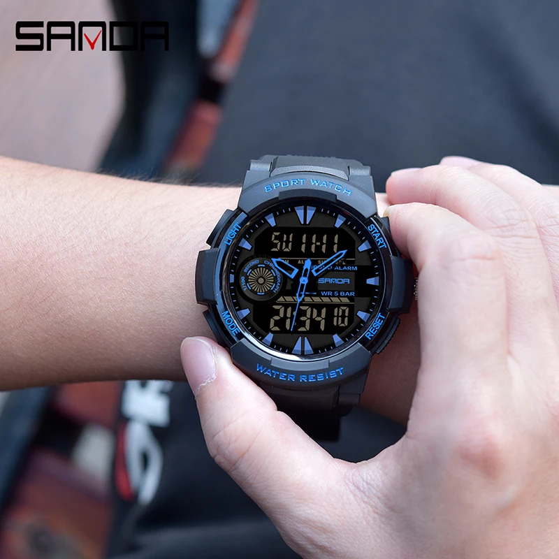 

SANDA Men Large Dial Luminous Dual Display HD LED Quartz Watch Outdoor Sports Chronograph Waterproof Watches Mens Reloj Hombre