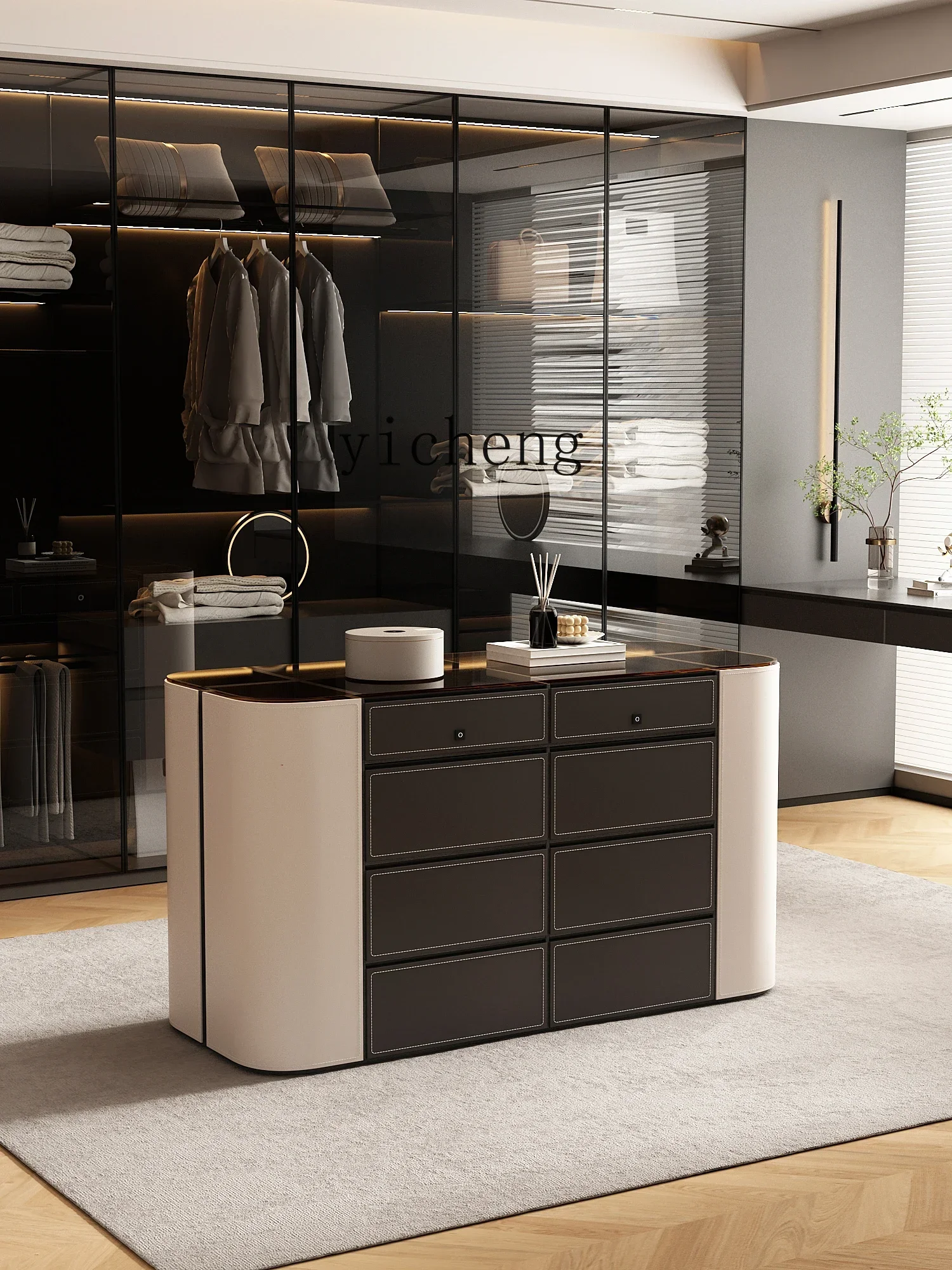 c9.21-Cloakroom with Lock Middle Island Cabinet Dressing Table Integrated Bedroom Minimalist Double-Sided Storage Chest