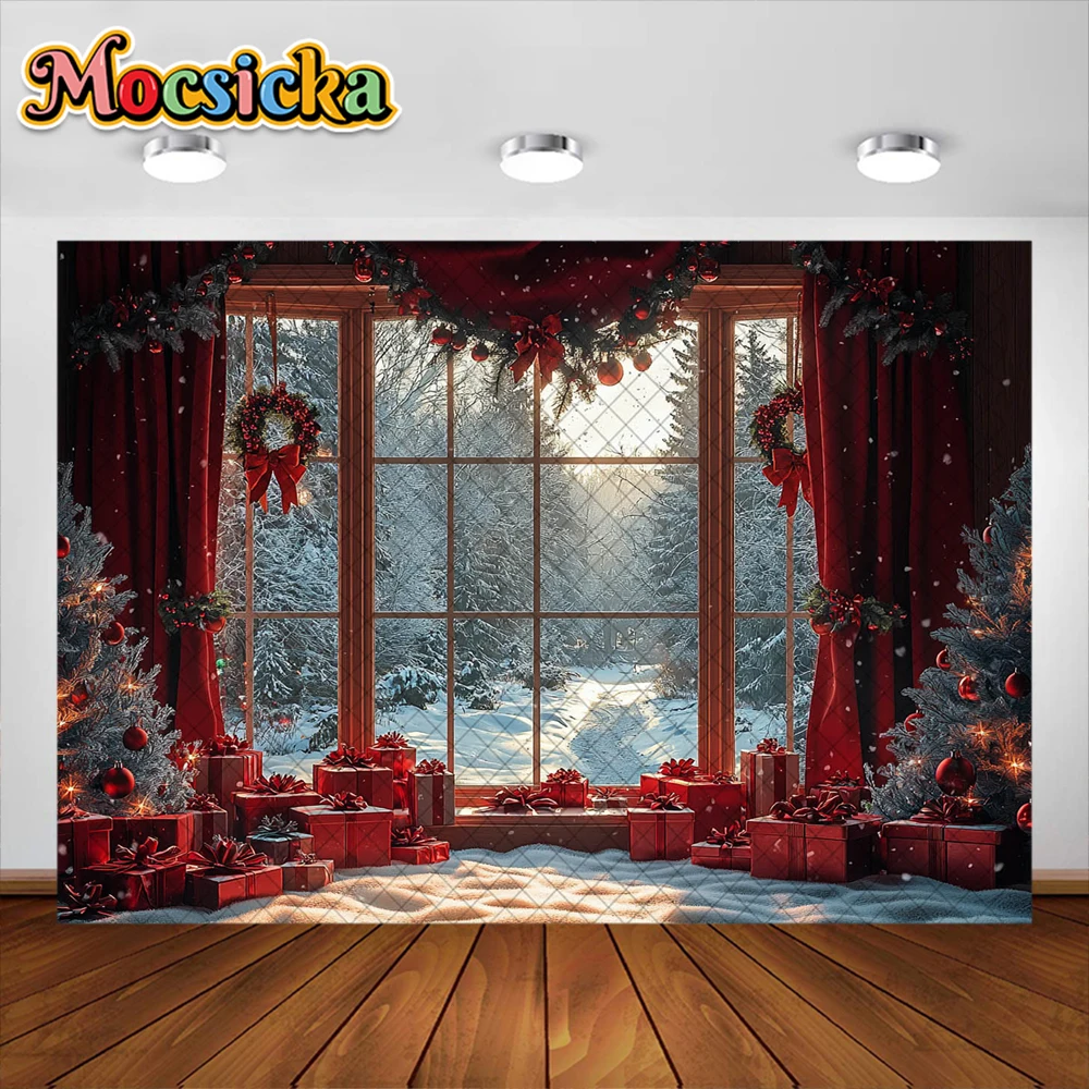 ฤดูหนาวคริสต์มาสห้องการถ่ายภาพพื้นหลังสีแดง Xams ต้นไม้ตกแต่งหน้าต่างเด็กวันหยุดภาพพื้นหลังสตูดิโอ Props แบนเนอร์