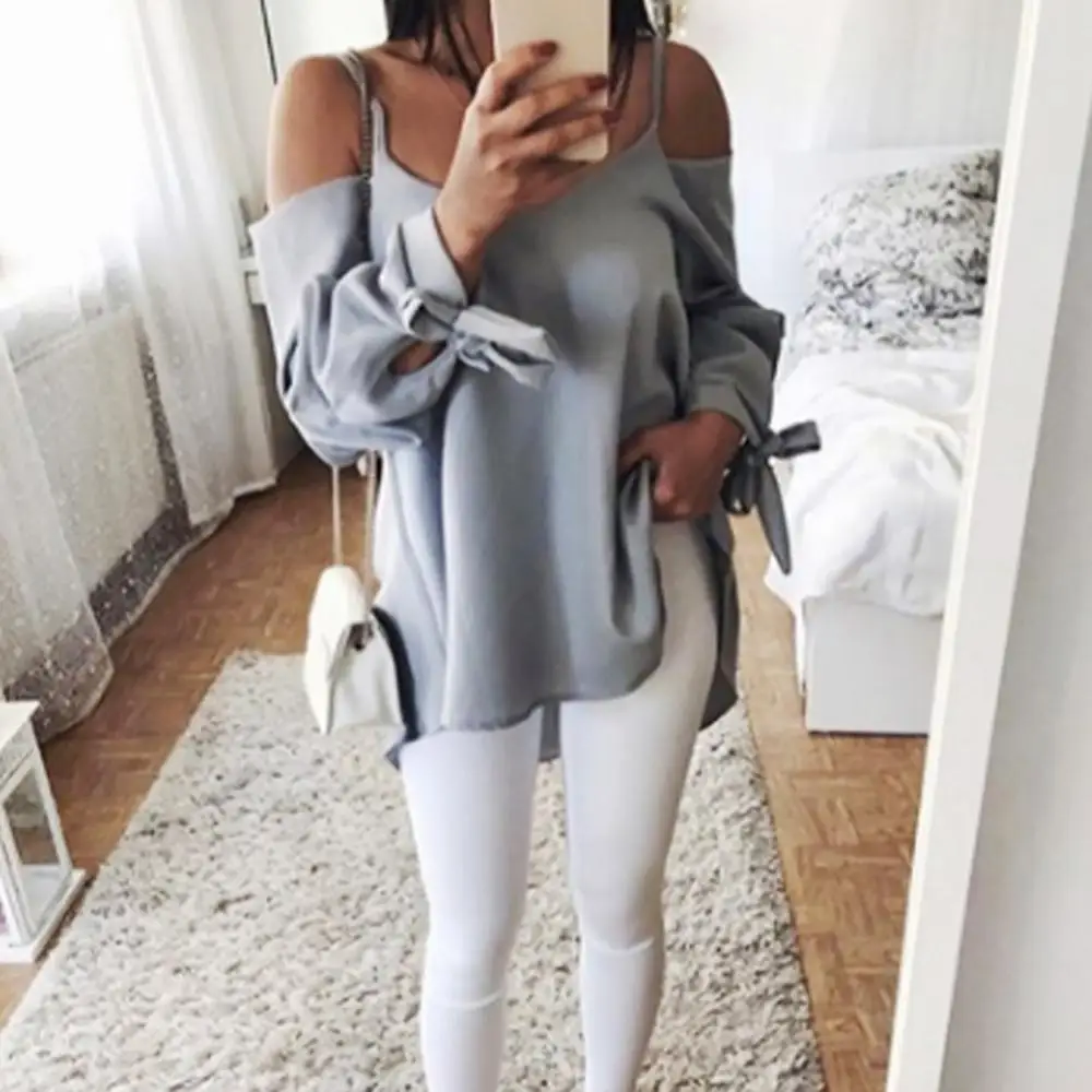 Sexy Women Sling Long Sleeve Blouse Loose Shirt Plus Size Solid Color Off Shoulder Sexy Knotted Comfortable