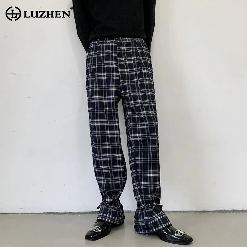 

LUZHEN Fashion Checked Printed Casual Pencil Pants Japan Men's Tie Up Leg Design Plaid Original Elegant Trendy Trousers LZ5243