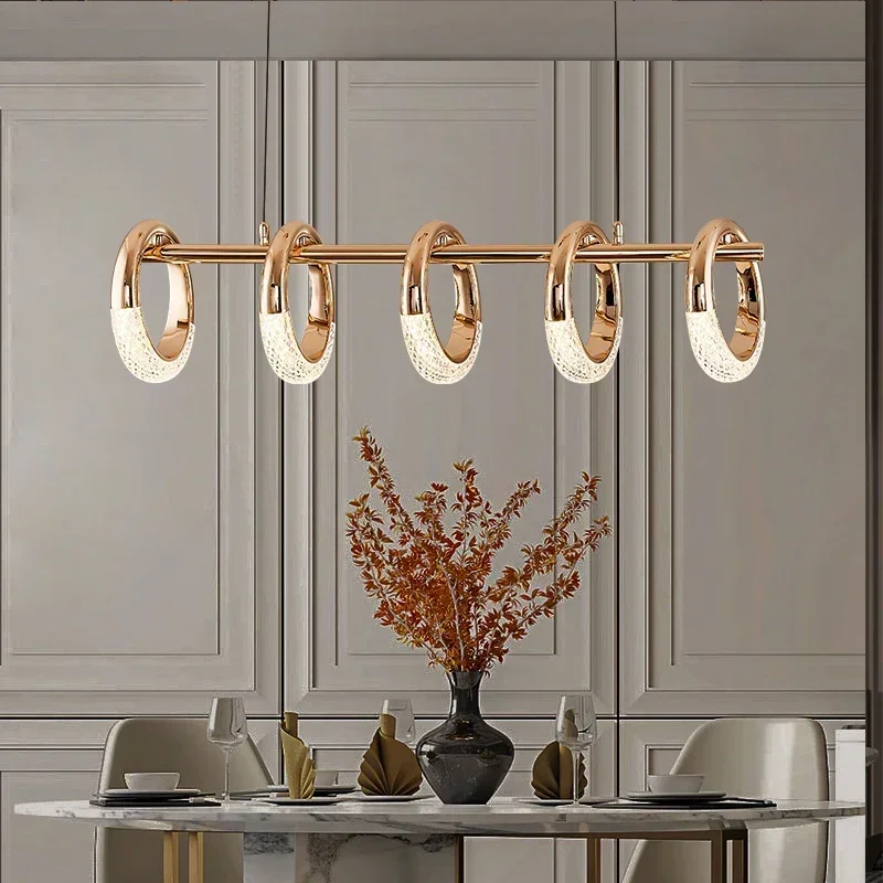 Golden long crystal chandelier, lamp for dining table, complimentary LED light source, ring shade, height adjustable