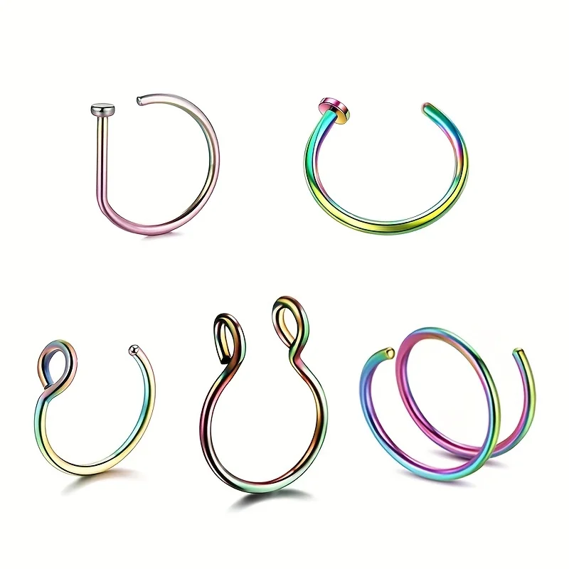 3Pcs/5Pcs Fake Piercing Nose Lip Ring Clip For Men Stainless Steel Fake Nose Septum Ring Body Jewelry Unisex
