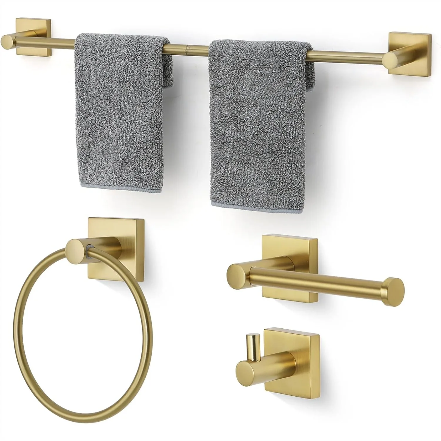 

Bathroom Accessories Set Brushed Gold Towel Bar 4 Piece Wall Mounted Durable 24 inch Towel Rack Robe Hook Ring Toilet Paper