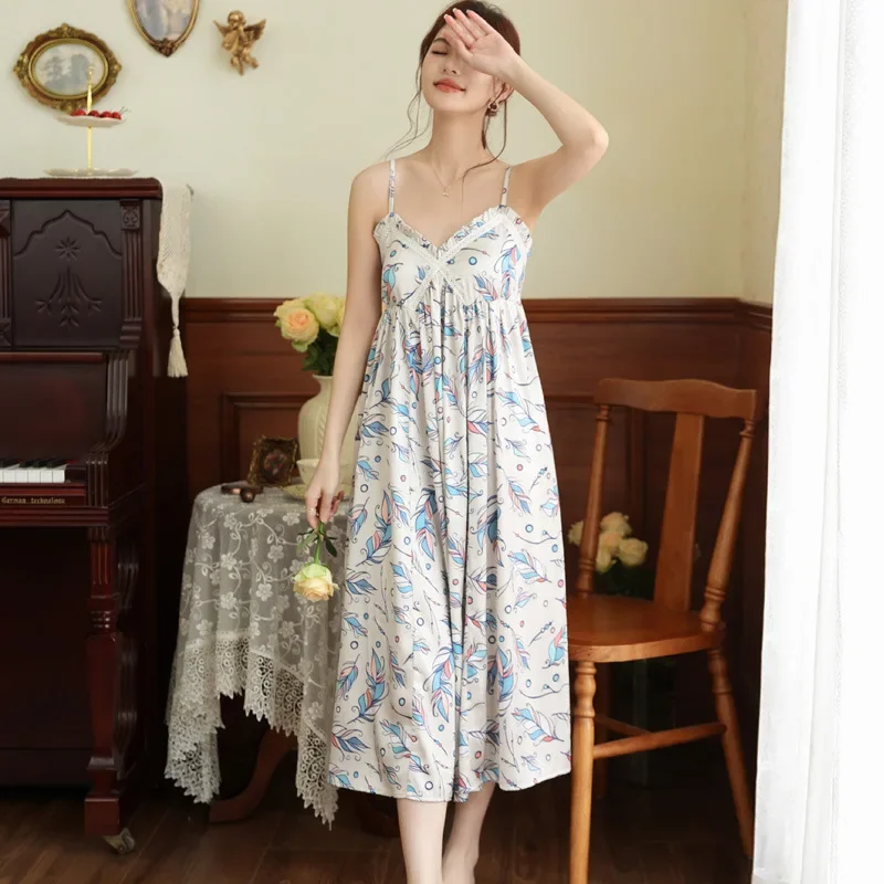 

Satin Long Night Dress Women Summer Print Sweet Ice Silk Slip Dress Nightwear Princess Sleepwear Homedress Sleeveless Nightgown