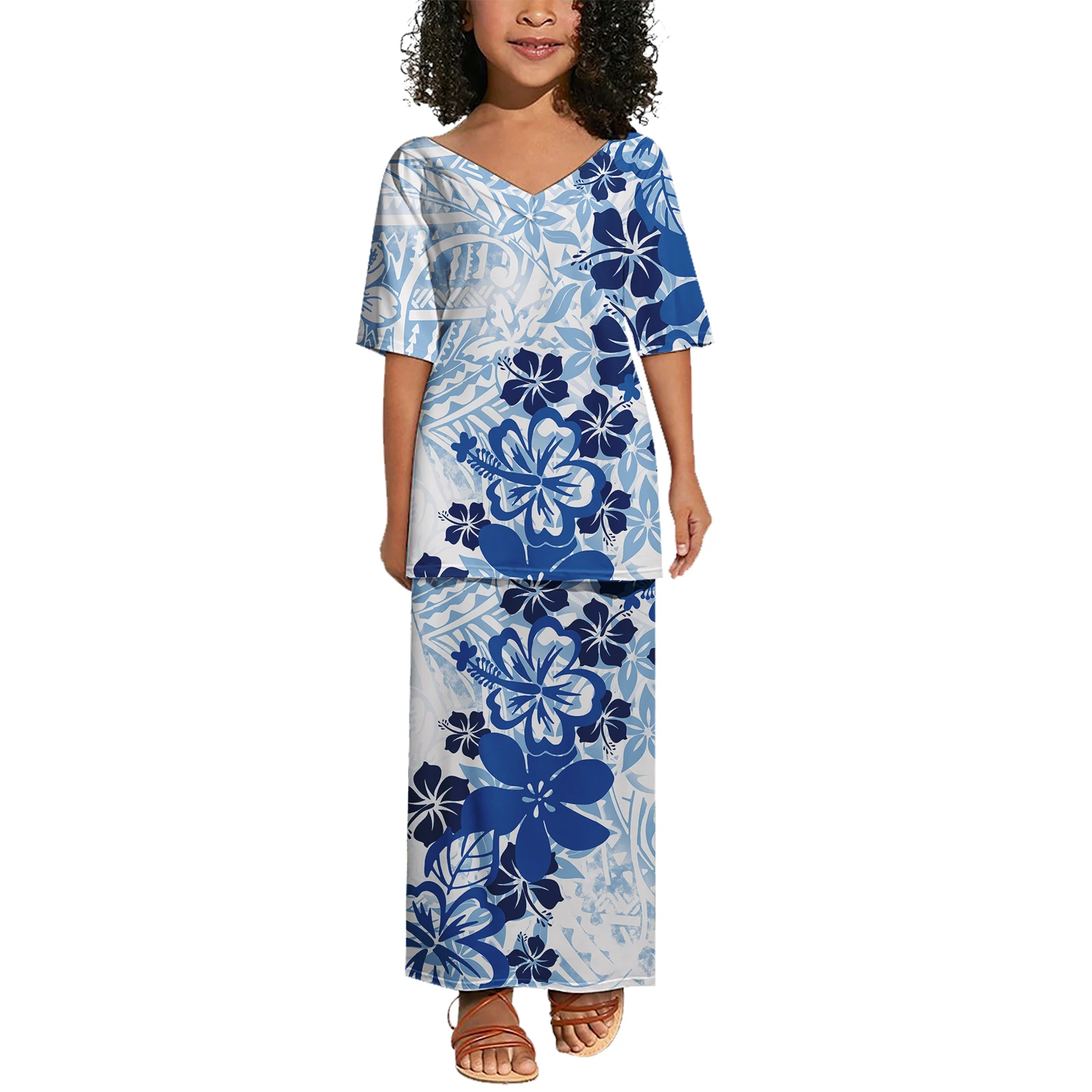 

Самоа, индивидуальный узор, Гавайская одежда с v-образным вырезом и цветами, полинезийский остров, милое платье для девочек, комплект из пулетаси 2, ценовый комплект, платья