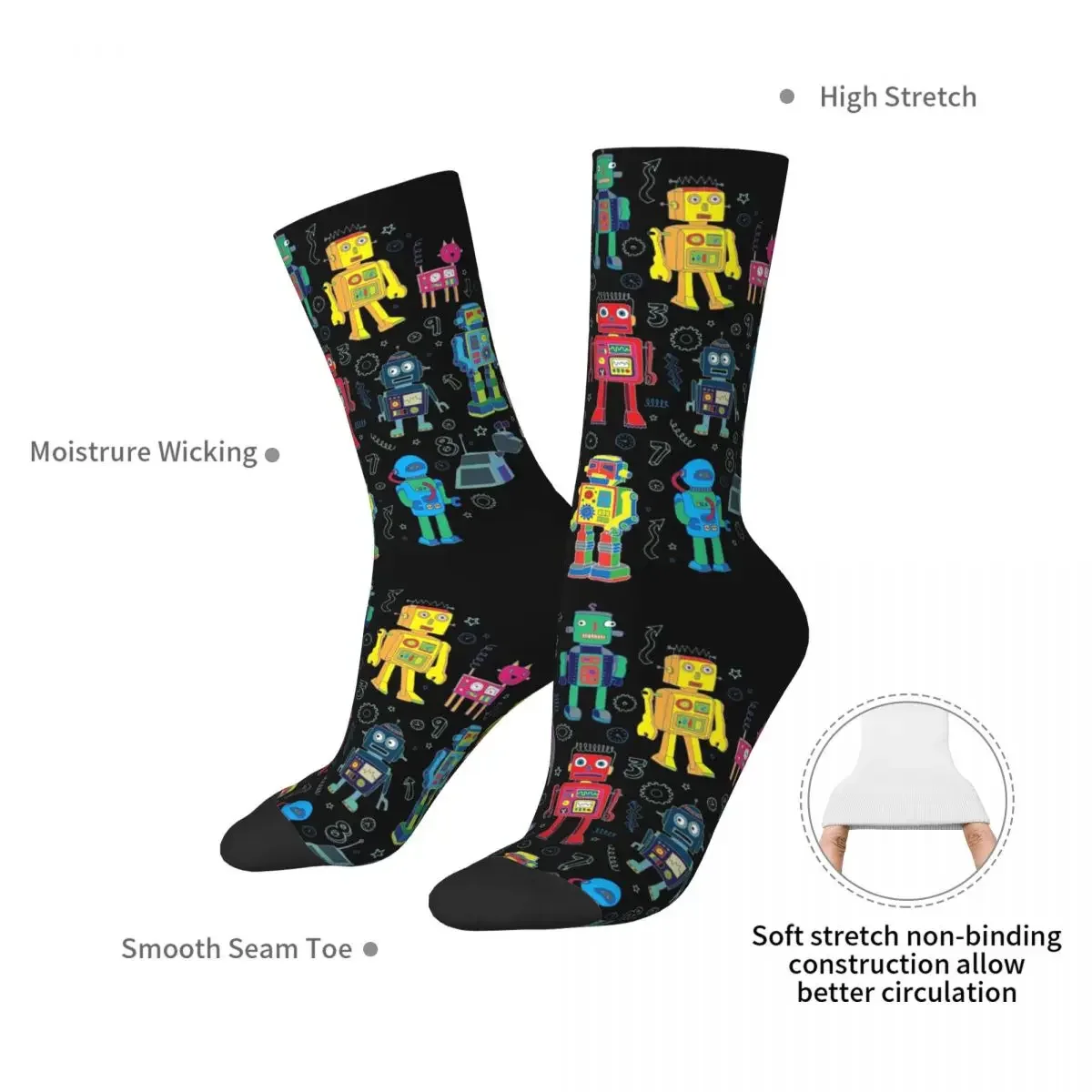 Robots In Space - Black - Fun Pattern By Cecca Designs Socks Harajuku Stockings All Season Long Socks Accessories for Unisex