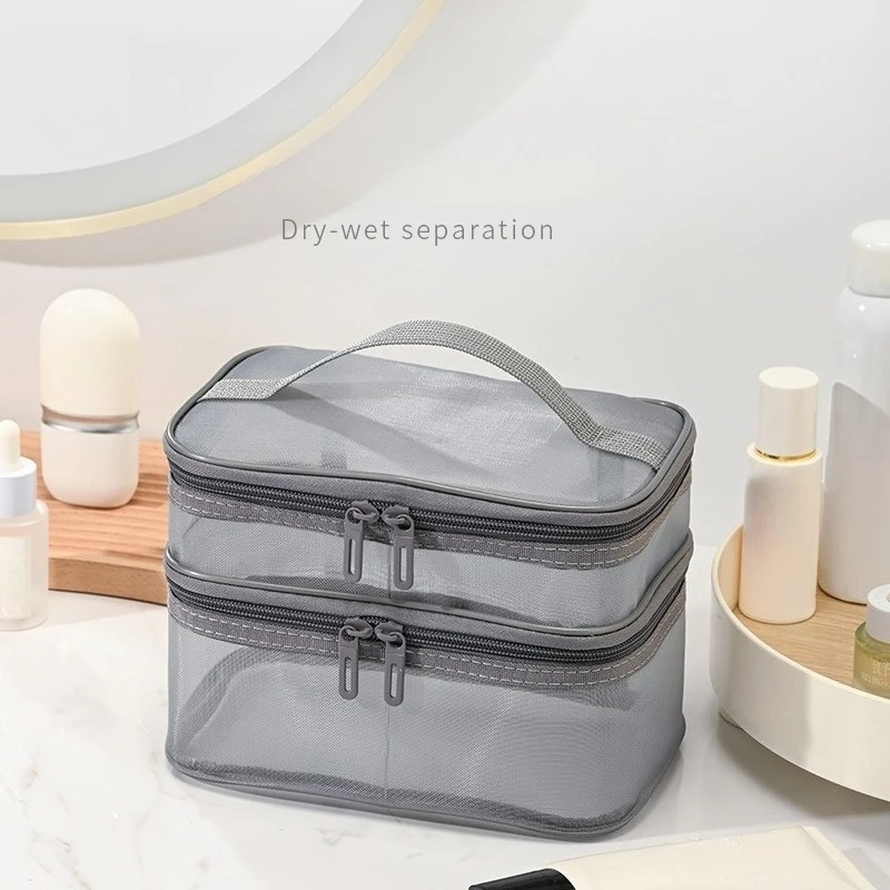 Portable Handheld Clear Mesh Cosmetic Bag Large Capacity Partition Storage Wash Bag Elegant Travel Makeup Organizer