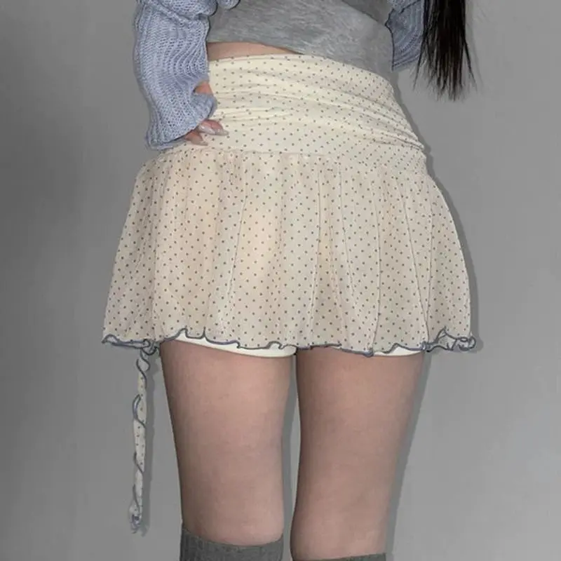 Cute Pleated Skirt Girl Wind Dot Mesh Tulle Foliage Thin A-line Skirt Retro Sweet Streamer Design Versatile Summer Mini Skirt