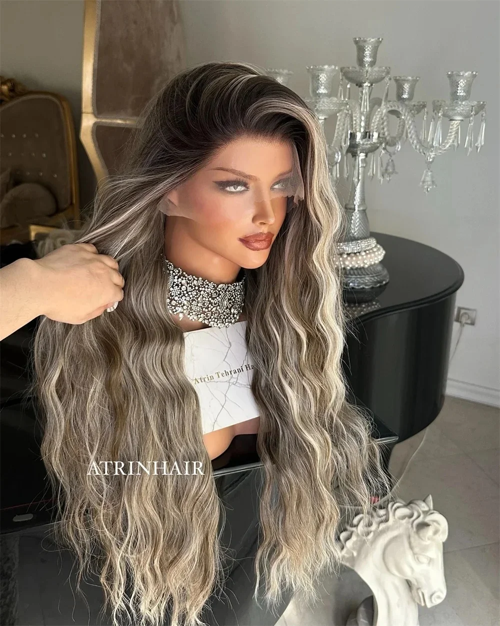 Ombre Brown Blonde Mix Color Synthetic Lace Front Wigs Middle Parting Wave Realistic Look Hairline Glueless Wigs Daily Party Use