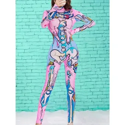 Women's Sexy Skeleton Jumpsuit Halloween Cosplay Girl Printed Bone Tight Long Sleeve Jumpsuit Street Trend Role Play Costume