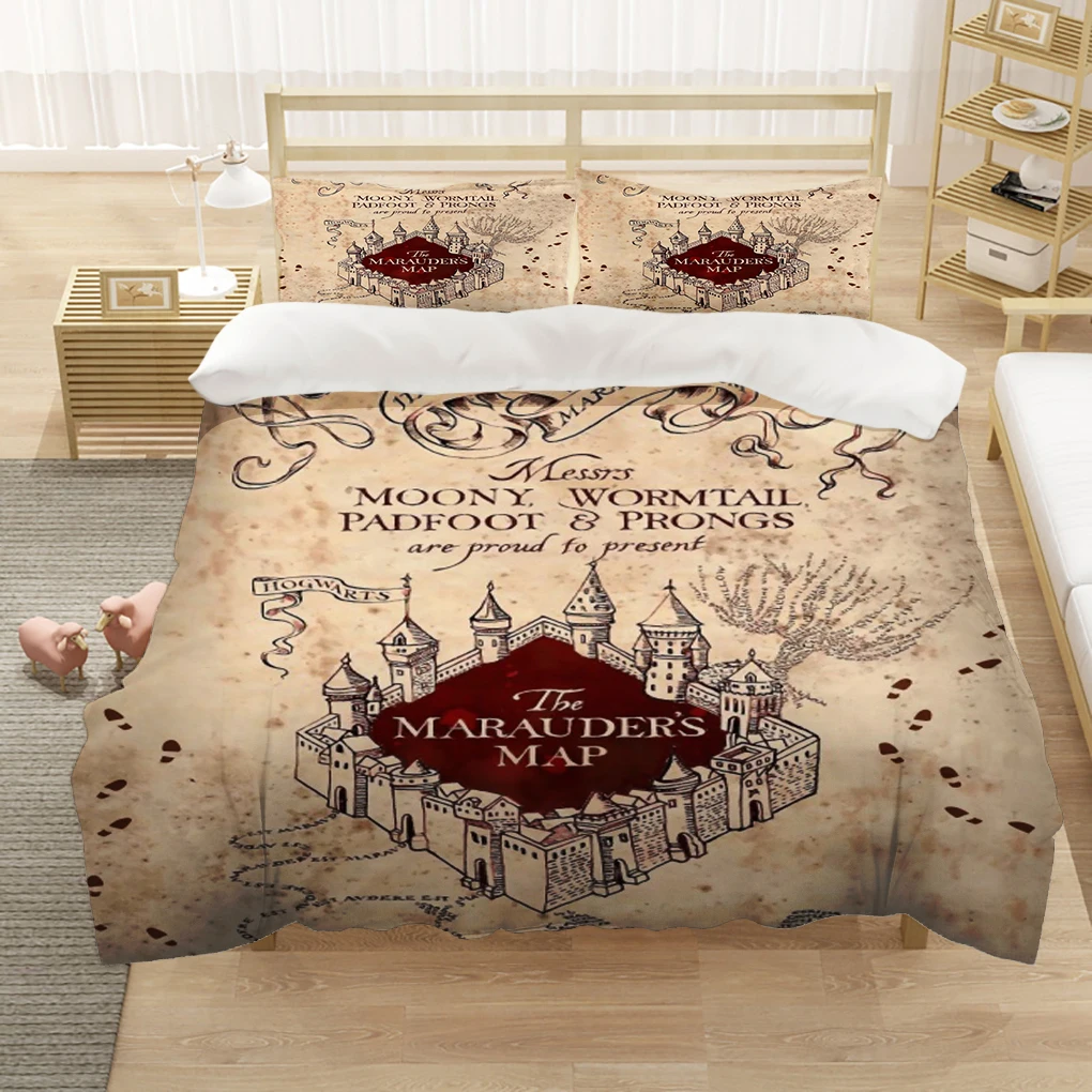 Marauders Map Four Magic College 3PCS Duvet Cover Sets  Cartoon Bedding Set Sheet Children Room Bed Sheet Pillow Case
