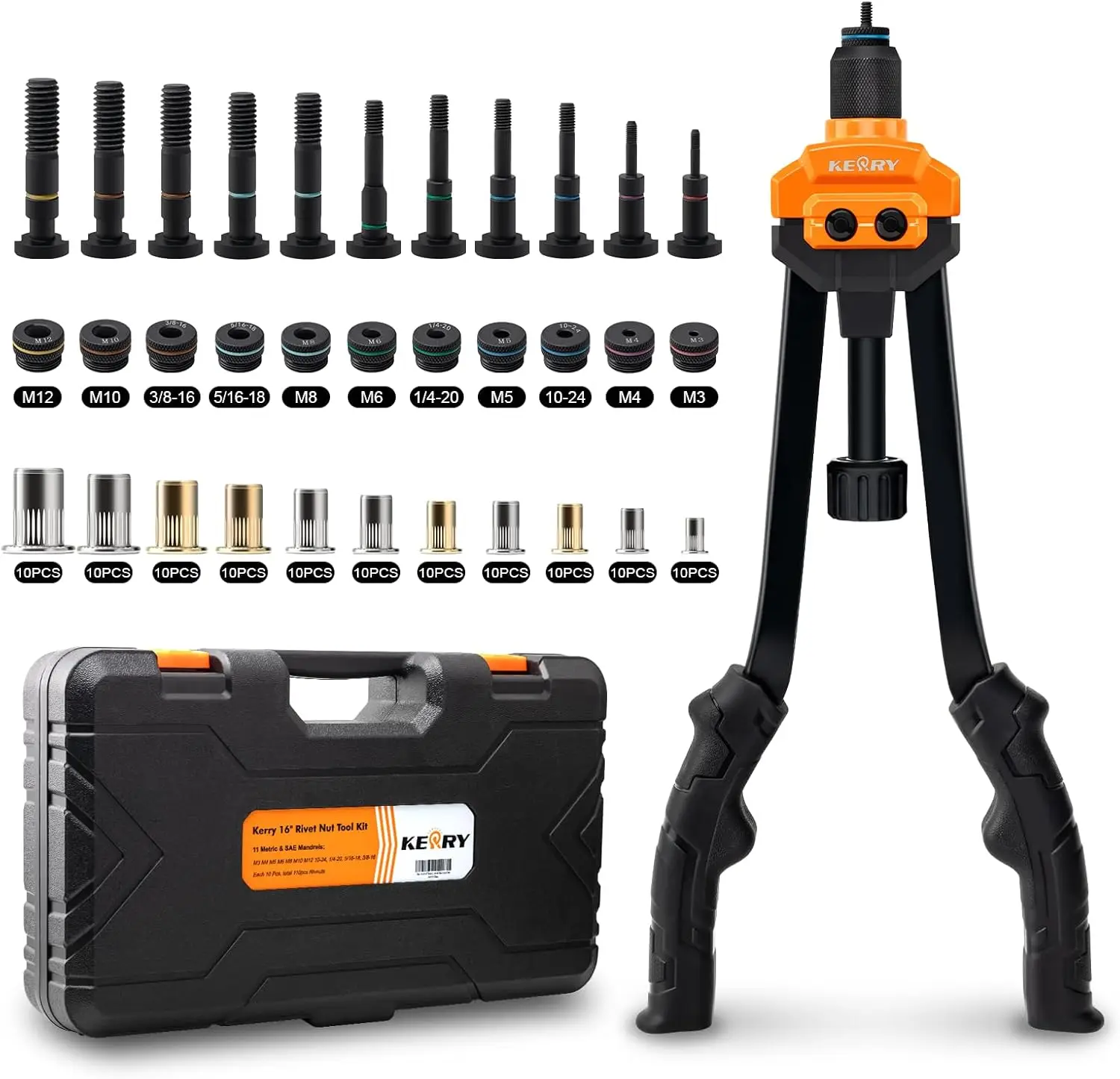 

Professional 16" Rivet Gun Kit with 11 Mandrels, 110pcs Rivnuts and Carry Case for Metric & Inch Sizes