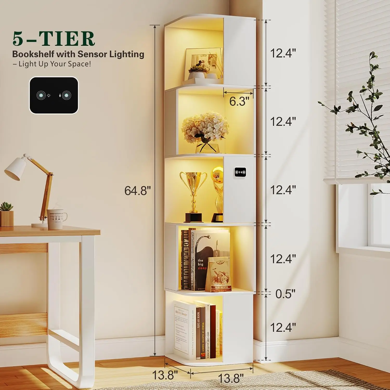 5-Tier Corner Bookshelf LED Light Cube Storage Organizer for Living Room Study Bedroom, Customized