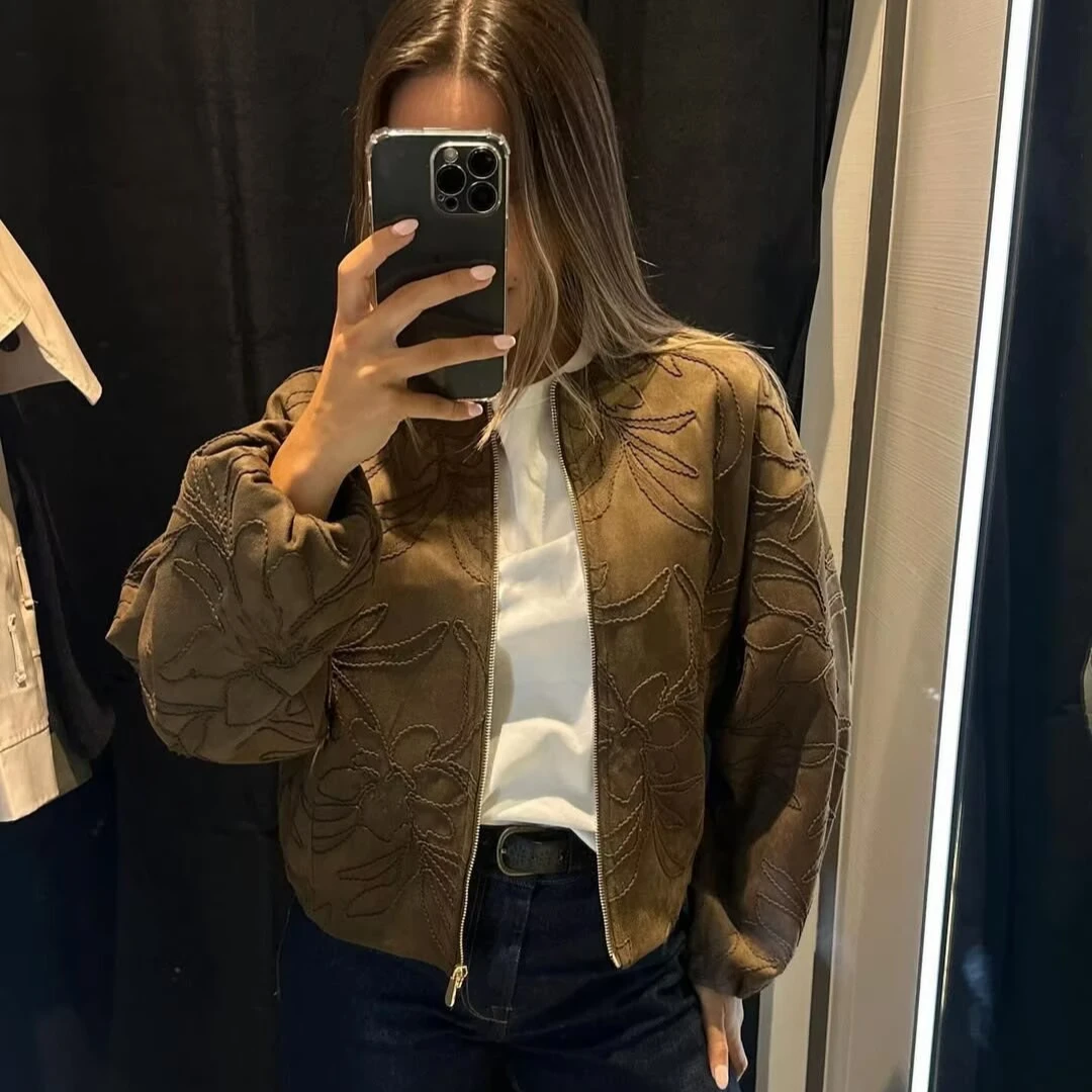 Suninheart 2025 Women Faux Suede Embroidery Bomber Jacket Vintage Long Sleeve O Neck Loose Outerwear Short Autumn Winter Coat