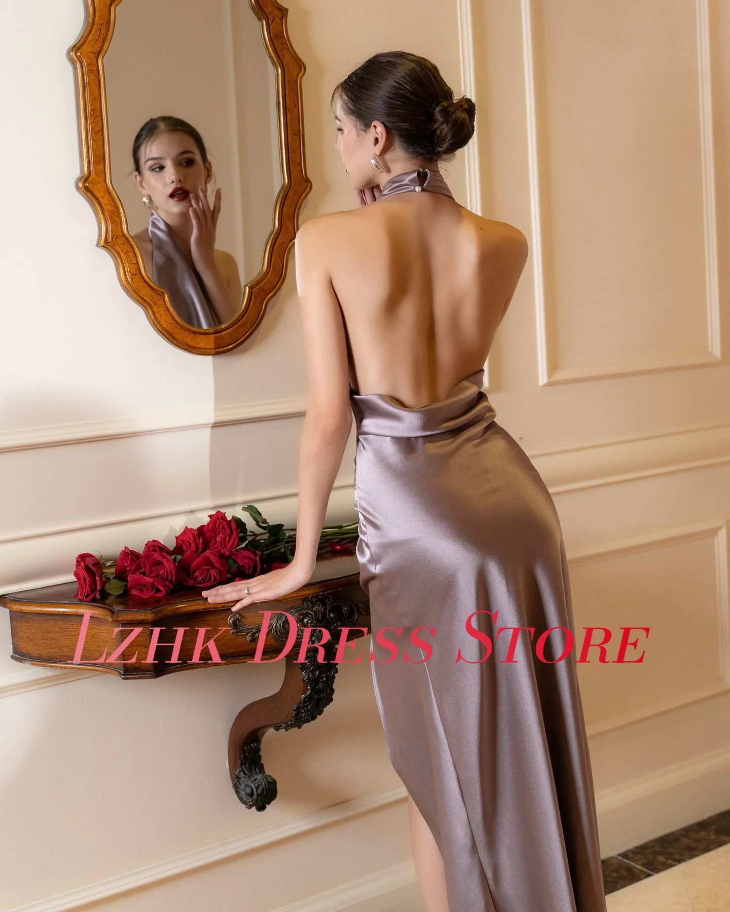 사용자 정의 섹시한 새틴 스트레이트 버튼 진주 이브닝 드레스 섬세한 민소매 홀터 바닥 길이 فساتين سهرة