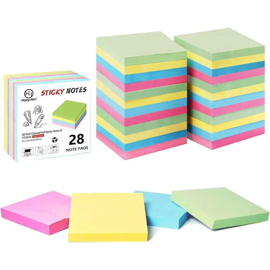 Sticky Notes 3x3 Inches Bulk 28 Pack 2800 Sheets Colored SelfStick Pads 100 Sheets Pad with 4 Bright Colors Yellow Green Pink B