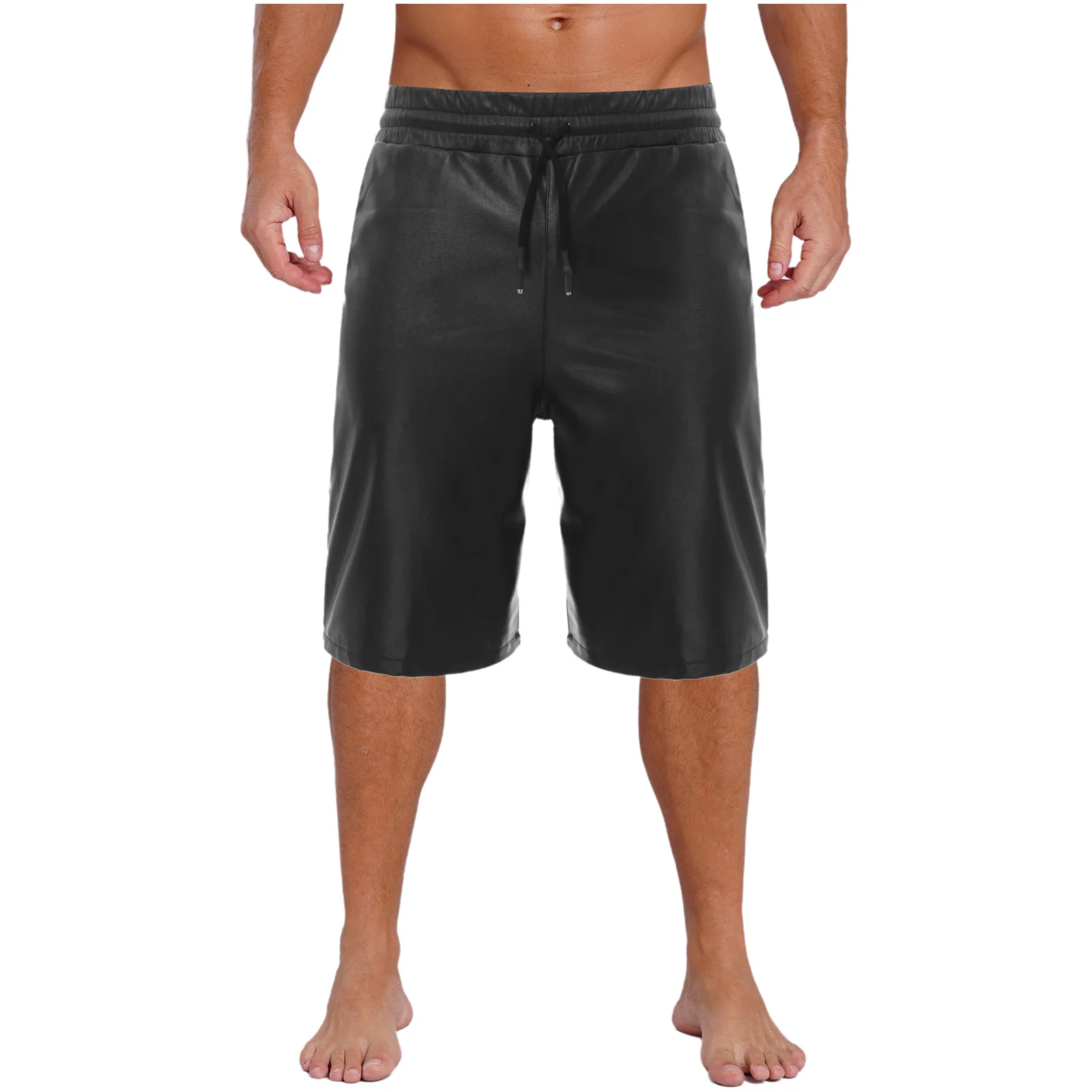 Calças masculinas na altura do joelho clubwear couro do plutônio calções de natação trunck cintura elástica larga cordão perna reta praia shorts