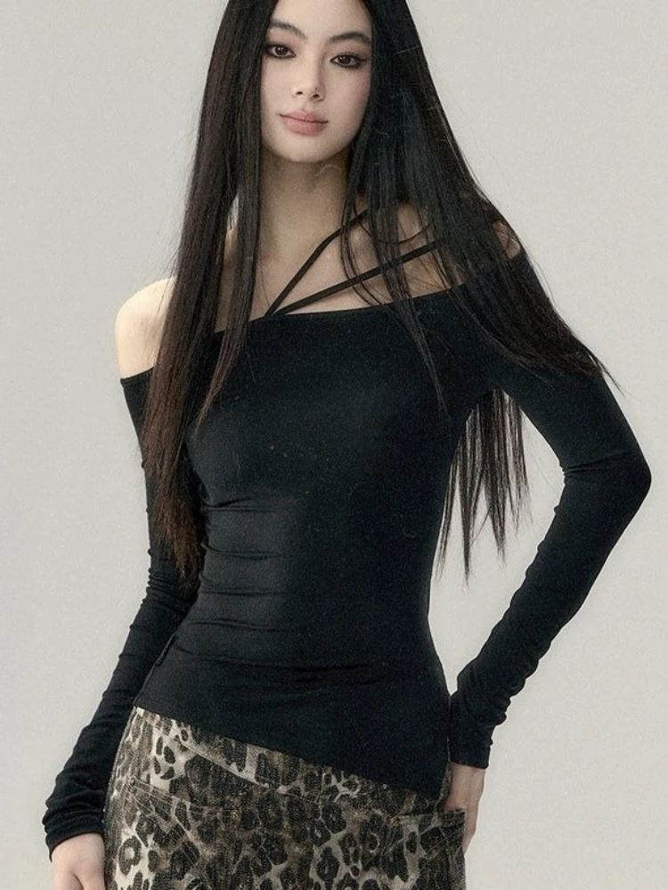 

Autumn Irregular Solid Grunge Crop Tops Streetwear Y2k Vintage Solid T-Shirt Off Shoulder Long Sleeve Women Tees Korean Harajuku