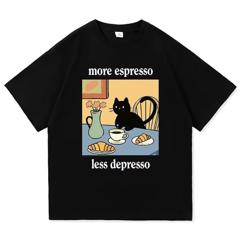 Fashion Funny Cat More Espresso Less Depresso T Shirt Men/Women Aesthetic Vintage T-Shirt Anime Cartoon Cute Cotton Tees Shirts