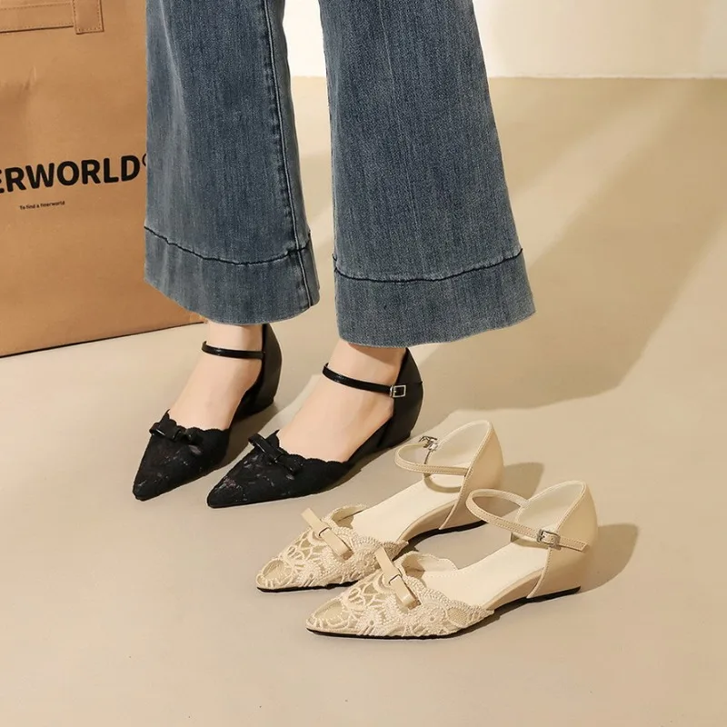 Woman Shoes New Hot Sale French Lace Mesh Pointed Toe Bow Buckle Inner Heightening Sexy Trendy Sandals