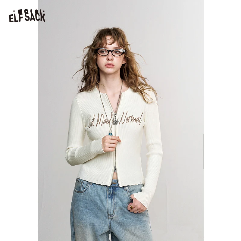 ELFSACK Women's Cropped Zip Up Knit Cardigan with Letter Graphic Print, Long Sleeve Casual Top for Everyday Wear