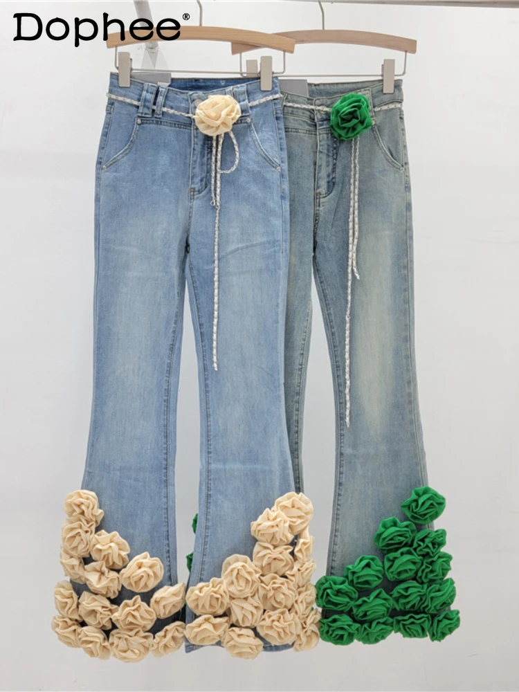 

Fashion Three-Dimensional Flower Decoration Bell-Bottom Pants Women 2024 Spring Summer New Distressed High Waist Jeans Female