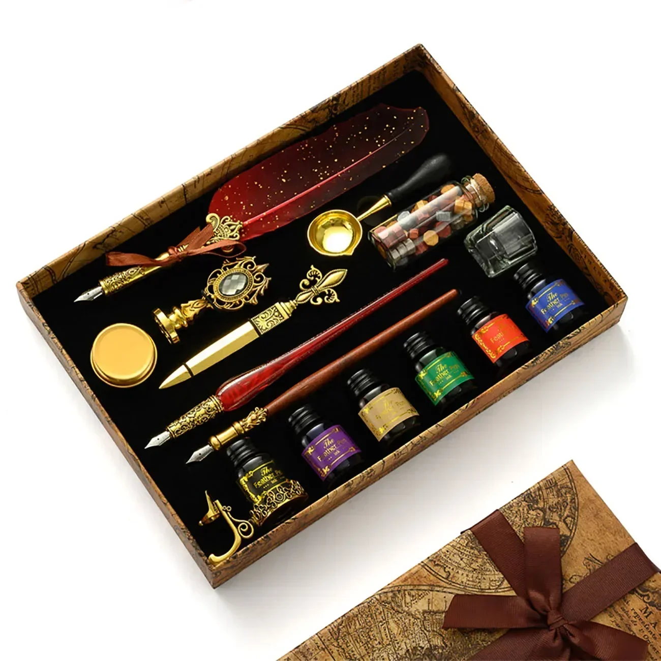 الخط الكلاسيكي ريشة القلم الشمع ختم الحبر ختم مجموعة Vintage الخشب تراجع القلم 6 قطعة زجاجات الحبر هدية للطلاب الكبار لوازم