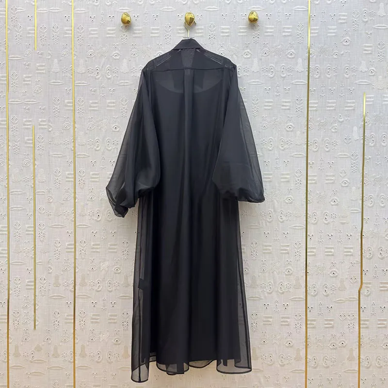 Robe chemise en dentelle noire à col simple boutonnage pour femmes, robe de soirée de haute qualité, nouvelle collection 2026, robe semi-transparente deux pièces