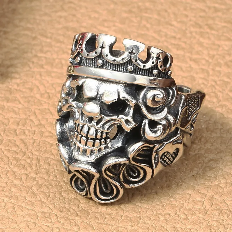 

S925 Sterling Silver Creative Playing Card Clown Ring Thai Silver Men's Personality Dominant Skull Head Open Ring