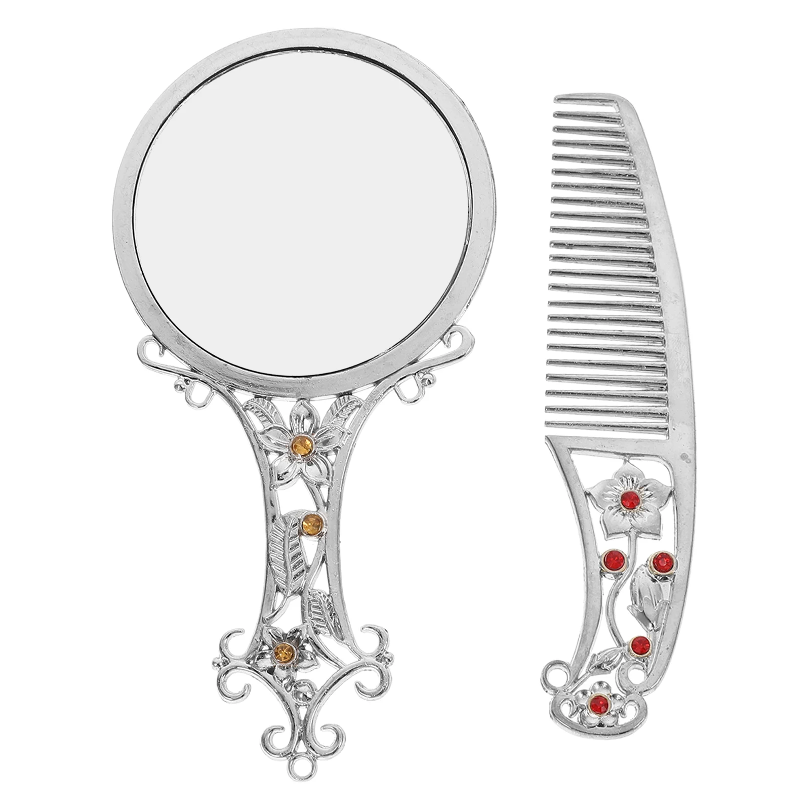 

Retro Floral Comb Set Mirror Portable Compact with Brush Hand Makeup Vanity Small Alloy Glass Woman