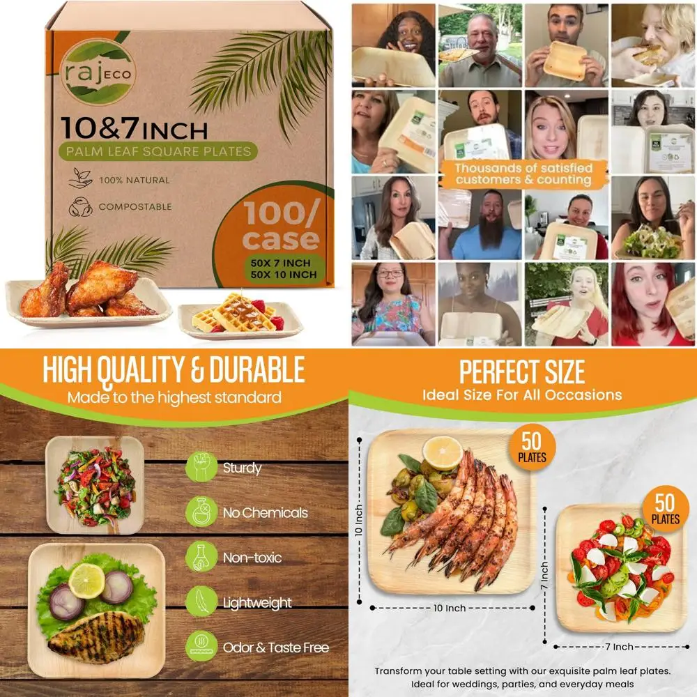 

Disposable Palm Leaf Plates Bulk, 100 Pack, 10 & 7 Inch Square Plates, Strong and Decorative, Ideal for Eco-Friendly Parties and