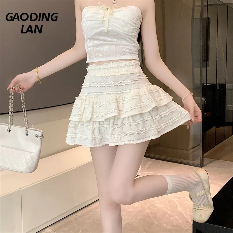 

GAODINGLAN with Lining Prevent Exposure A Line Women Skirts Summer Solid Sweet Texture Sexy Mini Skirt Slim High Waist Skirt