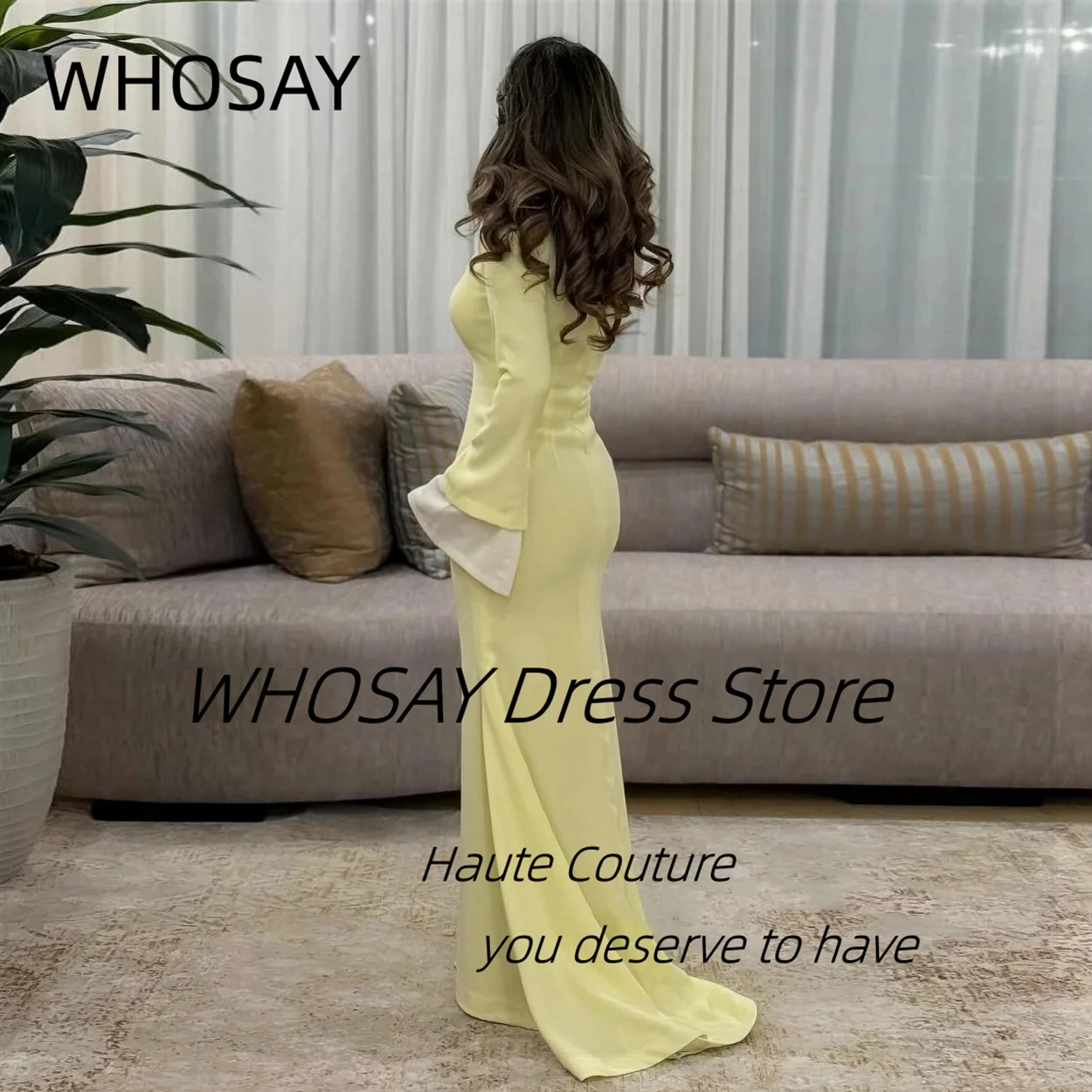 WHOSAY Lapel Neck Evening Dresses Saudi Arabia Women Wear Long Sleeves Prom Party Dress Customized Special Occasion Gowns