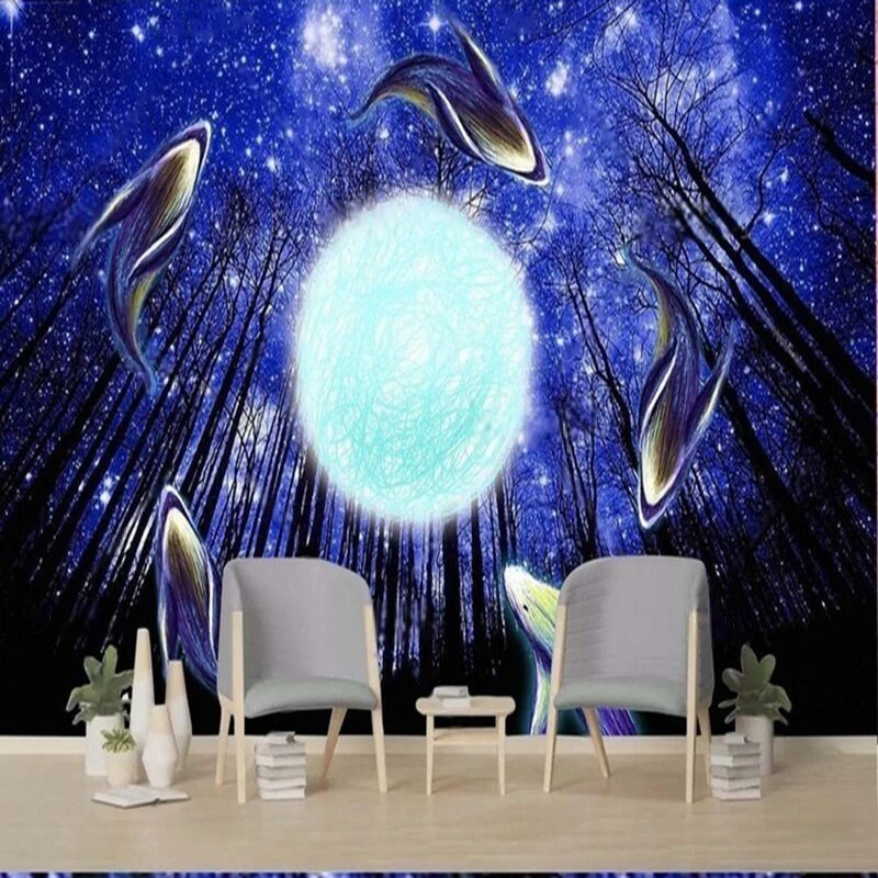 Modern Online Celebrity Graffiti Of A Whale Spinning In A Forest Night Scene-A Beautiful High-End Poster For The Corridor Wall