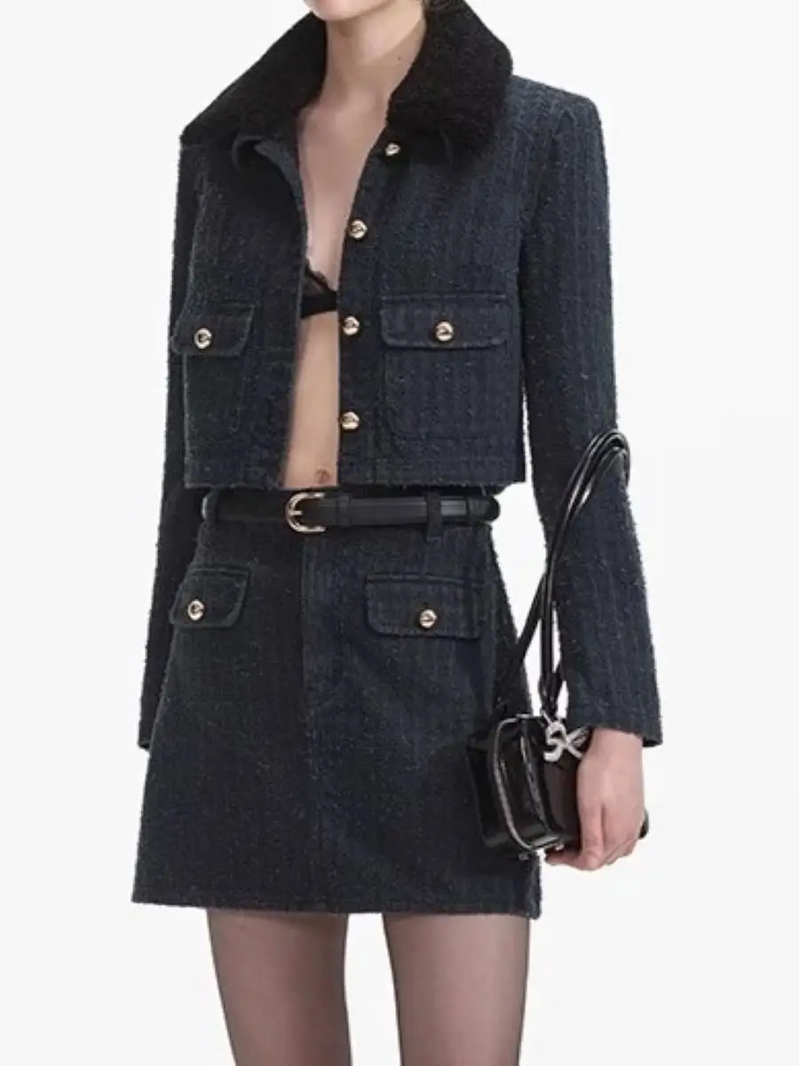 Spring 2025 Women's Denim 2-Piece Set High Waist A-Line Mini Skirt and Color Patchwork Turn-down Collar Single Breasted Jacket