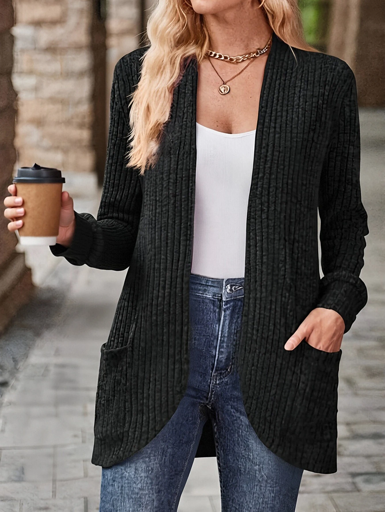 سترة نسائية كاجوال خفيفة الوزن بأكمام طويلة مفتوحة من الأمام للأعمال اليومية ملابس خارجية للخريف والشتاء