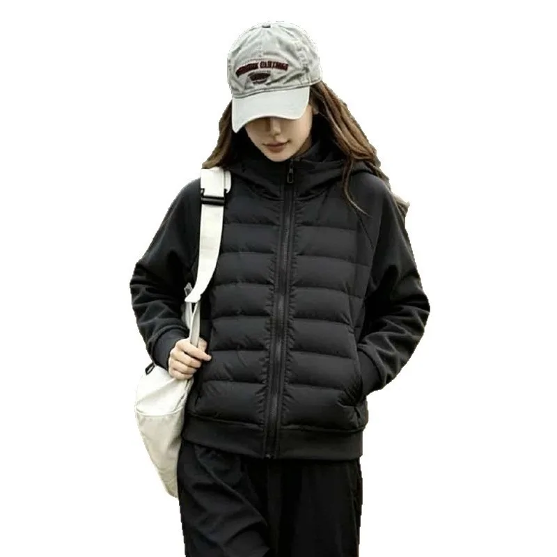 Women Solid Lightweight Padded Jacket Hooded Zip Up Short Quilted Coat Contrast Panel Raglan Sleeve Casual Sporty Outerwear