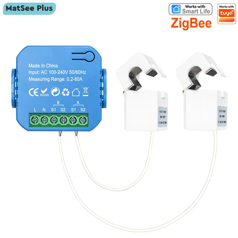 Smart Life ZigBee Bidirectional Energy Meter 2 Channel with 80A Clamp App Monitor Solar Export and Import Power AC100V/240V