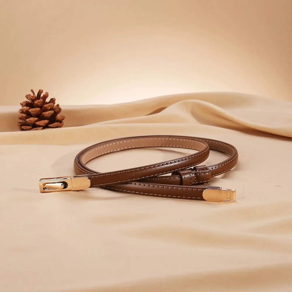 Luxury Ladies Slim Waist Belt Spring Buckle Design Adjustable Length Leather Belt Retro Skinny Belt