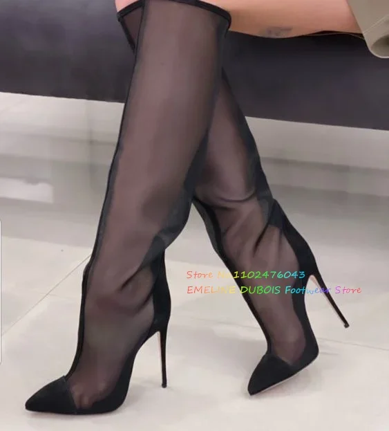 

Black Suede High Boots Mesh Glitter Pointed Toe Stiletto Heel Side Zipper Women Sexy Patchwork Solid Color Knee High Booties