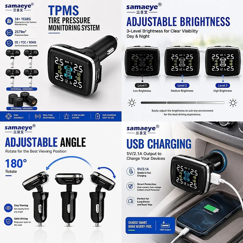 

Solar Tire Pressure Monitor Wireless Smart Color Screen Carbon Fiber Cigarette Lighter Detector