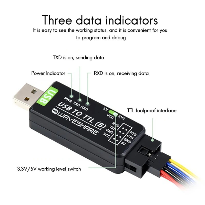 Waveshare classe industrial usb para conversor ttl ch343g porta serial módulo de conversão suporte 5v/3.3v nível circuito de conversão